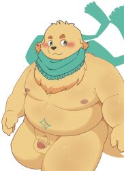 2022 anthro balls belly big_belly black_nose blush canid canine canis cu_sith_(tokyo_afterschool_summoners) domestic_dog genitals haoming hi_res humanoid_genitalia humanoid_hands humanoid_penis kemono lifewonders male male_only mammal moobs nipples overweight overweight_male penis scarf simple_background solo solo_male tokyo_afterschool_summoners video_games