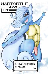 absurd_res anthro balls english_text foreskin genitals girly hi_res holding_tail looking_at_viewer male mr.gayle nintendo penis pokémon_(species) pokemon pose reptile scalie simple_background smile solo teeth text turtle video_games wartortle