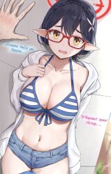 1boy 1girls absurdres abydos_high_school_student against_wall ayane_(blue_archive) ayane_(swimsuit)_(blue_archive) bangs bikini bikini_top_only bikini_under_clothes black_hair blue_archive braid breasts bulge cleavage collarbone cowboy_shot crown_braid dialogue duo english_text erection erection_under_clothes female female_focus foreclosure_task_force_(blue_archive) glasses grey_shorts halo hand_on_own_chest highres jacket kabedon large_breasts long_sleeves low_ponytail motion_lines navel open_clothes open_jacket open_mouth pointy_ears pov precum_through_clothes red-framed_eyewear short_hair short_ponytail short_shorts shorts signature solo_focus stomach straight striped striped_bikini swimsuit tacticsalt text trembling white_jacket yellow_eyes