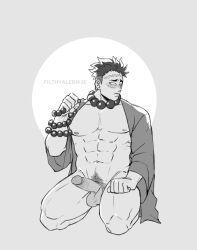 bara blind blush demon_slayer embarrassed erection facial_scar filthyalebrije functionally_nude greyscale haori himejima_gyomei kimetsu_no_yaiba looking_away male male_only monochrome muscular muscular_male necklace partially_clothed penis prayer_beads rosary seiza shaved_side sitting solo uncensored