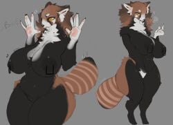 2022 ailurid anthro big_breasts biped black_body black_fur breasts breath brown_body brown_fur claws digital_media_(artwork) female finger_claws fur genitals grey_background lvlirror mammal markings multicolored_body multicolored_fur neck_tuft nipple_piercing nipple_ring nipples piercing pussy red_panda ring_(marking) ring_piercing ringtail simple_background solo striped_tail surprise tail_markings tuft white_body white_fur wide_hips yellow_eyes