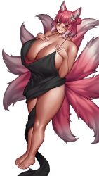 5_toes 9_tails accessory animal_humanoid areola areola_slip barefoot big_breasts biped black_clothing black_dress blush breasts canid canid_humanoid canine canine_humanoid cinko cleavage clothed clothing colored curvy_figure digital_media_(artwork) dipstick_ears dipstick_tail dress eyewear feet female fingers flower flower_in_hair fluffy fluffy_tail fox_humanoid front_view full-length_portrait fully_clothed fur glasses glistening glistening_body glistening_breasts glistening_skin hair hair_accessory hair_bun hi_res high-angle_view highlights_(coloring) huge_breasts humanoid humanoid_feet humanoid_hands inner_ear_fluff light_body light_skin lily_(flower) looking_at_viewer mammal mammal_humanoid markings multi_tail multicolored_body multicolored_ears multicolored_fur multicolored_tail pink_body pink_fur pink_hair pink_inner_ear plant portrait red_eyes shaded short_hair simple_background skimpy smile solo standing tail_markings three-quarter_view toes tuft two_tone_body two_tone_ears two_tone_fur two_tone_tail white_background white_body white_fur white_hair white_highlights white_inner_ear_fluff