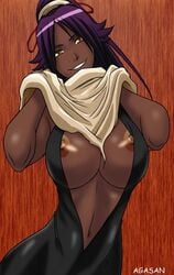 1girls agasan bleach breasts breasts_out dark-skinned_female dark_skin female female_only haikawa_hemlen head_tilt large_breasts long_hair looking_at_viewer nipples parted_lips purple_hair scarf shihouin_yoruichi smile solo yellow_eyes