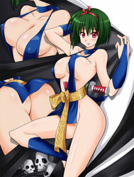 ass black_hair blush bouncing_breasts demon erect_nipples eyeliner green_hair inuyasha lipstick long_hair makeup mitora5 no_bra no_panties pixiv_thumbnail red_eyes resized short_hair skull skulls solo weapon yura_of_the_hair