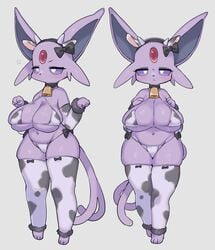 anthro belly big_breasts bow chubby chubby_female cow_ears cow_print cowbell cute esokir espeon female_only fox furry furry_only game_freak genitals long_ears long_tail mad navel nintendo pokémon_(species) pokemon pokemon_gsc pose purple_eyes purple_fur red_gem rikose shortstack stockings thick_thighs thighhighs tight_clothing unamused wide_hips