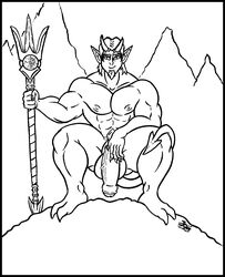 accessory balls big_balls big_penis caleb_(skianous) cock_ring crouching demon genitals hell hi_res horn huge_balls huge_cock jewelry looking_at_viewer male male_only melee_weapon muscular penis penis_accessory penis_jewelry pitchfork pointed_tail polearm sigil_of_asmodeus skianous solo solo_focus tools trident uncut weapon