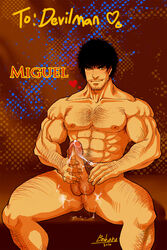 1boy bara big_penis chest_hair cum_on_hands cum_on_legs erection facial_hair hairy hairy_arms hairy_chest hairy_legs looking_at_viewer male_only masturbation miguel_caballero_rojo muscle muscles muscular tagme tekken