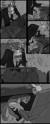 absurd_res anthro anthro_on_anthro antlers beastars bodily_fluids bottomless business_suit canid canine canis cervid cervine cigarette clothed clothed_sex clothing comic cum cum_on_face duo erection facepalm fellatio genital_fluids genitals greyscale hi_res horn interspecies legoshi_(beastars) licking louis_(beastars) male male/male male_only mammal monochrome necktie nekokat42 oral orgasm_face penile penis penis_lick predator/prey red_deer sex smoking suit tongue tongue_out topless under_the_table wolf