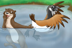 2girls amarimasi anthro avian bird brown_feathers brown_fur canadian_goose feathers female/female female_penetrated female_penetrating finger_bang fingering fingering_partner fingering_pussy franklin_(series) fur furry goose goose_(franklin) in_water interspecies lesbian licking licking_cum licking_fingers mammal otter_(franklin) outdoors outside pond pussy special_k tagme tail vaginal vaginal_penetration water whiskers yuri