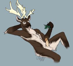 anthro antlers balls cartoonlion chest_tuft facial_hair goatee horn humanoid_penis looking_at_viewer male male_only mistletoe nude penis reclining reindeer smile solo suggestive