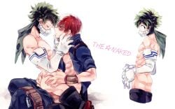 2boys abs adorable ass ass_grab blush chest closed_eyes costume curly_hair cute embarrassed embarrassed_nude_male freckles frizzy_hair gay green_hair hand_on_ass izuku_midoriya looking_back looking_back_at_viewer muscles my_hero_academia nipples nude penetration red_hair riding riding_penis scar sex shouto_todoroki sitting teenage teenage_boy teenager white_hair yaoi