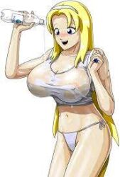 2:3_ratio big_breasts blonde_hair blonde_hair_female blue_eyes blue_eyes_female bottle female light-skinned_female long_blonde_hair long_hair long_hair_female looking_at_own_breasts no_bra open_mouth plastic_bottle pouring_on_breasts pouring_water questionable raised_arms see-through_clothing see-through_shirt three-quarter_portrait translucent_shirt ucogi visible_teeth waist_length_hair water_bottle wet_shirt white_background white_shirt