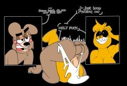 adultpartypunch animatronic annoyed annoyed_expression anthro ass balls bodily_fluids brown_body brown_fur cum cum_explosion cum_inside cum_overflow cum_overflowing dialogue digital_media_(artwork) disappointed duo ejaculation english_text female female_penetrated five_nights_at_freddy's five_nights_at_freddy's_2 from_front_position fucked_silly fur genital_fluids genitals hair hi_res looking_away machine male male/female male_penetrating male_penetrating_female mammal mating_press nude orgasm orgasm_face penetration penis pussy robot scottgames sex simple_background smile sweat text toony toy_chica_(fnaf) toy_freddy_(fnaf) ursid vaginal_penetration vaginal_penetration video_games