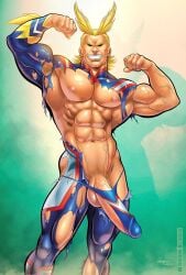 1boy abs all_might armpit_hair armpits big_penis blonde_hair male male_focus male_only muscular muscular_male my_hero_academia patrick_fillion solo solo_male thong torn_clothes toshinori_yagi veiny_muscles veiny_penis