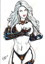 1girls big_breasts chaos_comics ed_benes_studio frank_lima hands_on_breasts lady_death latex_suit latex_thong long_hair looking_at_viewer queen_of_the_dead red_lips seductive_look solo_female tagme white_hair