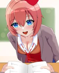 blue_eyes blush book bow breasts cleavage doki_doki_literature_club down_blouse downblouse eiji_zatsu hairbow just_sayori leaning_forward red_bow red_hair_bow sayori_(doki_doki_literature_club) school_uniform schoolgirl small_breasts strawberry_blonde_hair