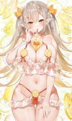 1girls 2022 barely_clothed blonde_hair blush breasts drink elf elf_ears elf_female female female_only gold_eyes hi_res hips huge_breasts lemon long_hair object_between_breasts original original_character pale-skinned_female pale_skin pointed_ears pointy_ears slim_waist smile sora_72-iro thick_thighs thigh_gap thighs twintails wide_hips