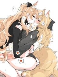 1futa 1girls animal_ear_fluff animal_ears arknights aunt_and_niece black_panties black_sweater blemishine_(arknights) blonde_hair blush closed_eyes clothed clothing erection extra_ears female futa_on_female futa_with_female futanari heart horse_ears horse_girl horse_tail humanoid humanoid_penis implied_fingering incest kemonomimi light-skinned_female light-skinned_futanari light_skin long_hair long_sleeves multiple_girls panties partially_clothed penis rekka simple_background speech_bubble spoken_heart sweat sweater tail thick_eyebrows uncensored underwear very_long_hair whislash_(arknights) white_background