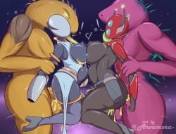 ! 2boys 2girls abdominal_bulge acrid alien arcus_valarian areolae artificer_(risk_of_rain) arvamera big_breasts bodysuit breast_to_breast bulge bulge_through_clothing creampie cum cum_in_pussy cum_inside dominant_anthro dominant_male elder_lemurian faceless_character faceless_female foursome held_up high_heels huntress_(risk_of_rain) lemurian long_tongue looking_at_another monster monster_cock motion_lines questionable_consent risk_of_rain risk_of_rain_2 saliva sex side_view submissive_female thick_thighs tongue torn_clothes trembling