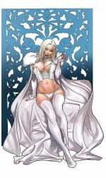 big_breasts blonde_hair breasts cameltoe corset emma_frost female female_only hellfire_club huge_breasts jan_bazaldua lingerie marvel marvel_comics panties pussy_visible_through_panties seductive seductive_look teasing teasing_breasts white_panties white_queen x-men