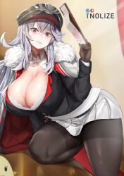 1girls animated azur_lane biting_lip bra_cups_sticking_out bra_visible_through_clothes curvaceous_figure curvy gloves graf_zeppelin_(azur_lane) heart-shaped_pupils holding_object horny horny_female huge_breasts licking_lips long_hair looking_at_viewer loop mature_female milf military_hat military_uniform no_sound on_one_leg on_table pantyhose plump red_eyes scarf seductive seductive_eyes seductive_look seductive_smile solo solo_female solo_focus steam steaming_body steamy steamy_breath sweat sweatdrop thick_thighs tnolize video voluptuous white_bra white_hair white_skirt