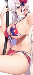 1girls 2022 american_flag_bikini asymmetrical_hair bikini blue_eyes blush breasts cleavage fate/grand_order fate_(series) female female_only hair_ornament hi_res hips huge_breasts long_hair looking_at_viewer marushin_(denwa0214) miyamoto_musashi_(fate) miyamoto_musashi_(swimsuit_berserker) pink_hair simple_background sitting solo sweat sweaty_body thick_thighs thighs wide_hips