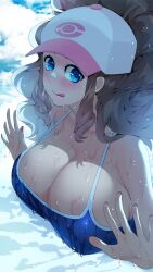 1girls 2022 blue_eyes breasts brown_hair cleavage competition_swimsuit female female_only hilda_(pokemon) huge_breasts long_hair long_ponytail massive_breasts nintendo one-piece_swimsuit pokemon pokemon_bw ponytail sumisumii swimsuit wet wet_body wet_breasts