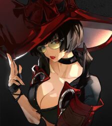 adjusting_hat beauty_mark big_breasts black_hair blue_eye bob_cut choker cleavage collarbone cropped_jacket fingerless_gloves glasses green-tinted_eyewear guilty_gear hat heterochromia i-no large_breasts large_hat lipstick looking_at_viewer popped_collar red_clothing red_eye red_lipstick short_hair sui sunglasses tinted_eyewear wide-brimmed_hat witch_hat