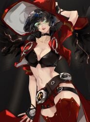 arm_up bare_midriff belly belt belt_buckle big_breasts black_hair bob_cut choker cleavage collarbone cowboy_shot cropped_jacket dark_hair fingerless_gloves glasses green-tinted_eyewear guilty_gear hat i-no jacket large_breasts large_hat lipstick looking_at_viewer one_arm_up pale_skin posing red_boots red_clothing red_lipstick short_hair short_shorts shorts smile smiling smiling_at_viewer sui sunglasses thigh_boots tinted_eyewear toned_stomach witch_hat