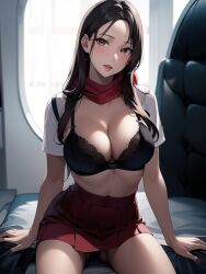 1girls ai_generated ai_mirror airplane airplane_interior black_bra blush brown_eyes brown_hair kerchief long_hair looking_at_viewer medium_breasts open_mouth red_nails red_skirt seat shirt_off stewardess white_skin white_sleeves window