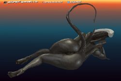 alien alien_(franchise) anus ass black_body digital_media_(artwork) eyeless feet female female_xenomorph genitals gradient_background lying nihilophant presenting presenting_hindquarters pussy rear_view simple_background solo toes xenomorph