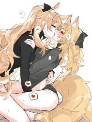 1futa 1girls animal_ear_fluff animal_ears arknights aunt_and_niece black_panties black_ribbon black_sweater blemishine_(arknights) blonde_hair blush closed_eyes clothed clothing erection extra_ears female fingering french_kiss futa_with_female futanari hair_ribbon heart horse_ears horse_girl horse_tail humanoid implied_fingering incest kemonomimi kissing light-skinned_female light-skinned_futanari light_skin long_hair long_sleeves multiple_girls panties partially_clothed penis rekka ribbon saliva simple_background sitting speech_bubble spoken_heart sweat sweater tail thick_eyebrows uncensored underwear very_long_hair whislash_(arknights) white_background