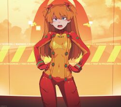 1girls annoyed asuka_langley_sohryu blue_eyes breasts clothing female female_only hands_on_hips highres legs light-skinned_female long_hair looking_at_viewer navel navel_visible_through_clothes neon_genesis_evangelion once11h open_mouth orange_hair plugsuit see-through small_breasts solo standing tight_clothing