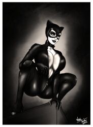 1girls 2022 areola_slip batman_(series) big_breasts black_and_white bodysuit busty catsuit catwoman cleavage dc dc_comics eyeshadow female female_only hourglass_figure large_breasts lipstick makeup monochrome nexjade solo unzipped unzipped_bodysuit wide_hips