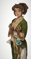 1girls asian_clothing asian_female avatar_the_last_airbender big_breasts blush breasts brown_hair busty chinese_clothes cleavage clothing cupping_breasts cute dark_green_eyes dress eyebrow_raise female female_only fully_clothed green_dress holding_own_breasts huge_breasts jin_(avatar) large_breasts light-skinned_female long_hair looking_up money_bag mossa nickelodeon olive_eyes open_dress ponytail sash solo solo_female standing straight_hair suggestive three-quarter_portrait tied_hair