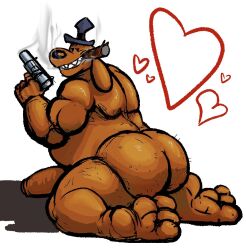 2021 3_toes anothermeekone anthro ass belly biceps big_penis brown_body brown_fur canid canine canis cigar cigar_in_mouth clothing domestic_dog erection feet floppy_ears fur genitals gun handgun hat hat_only headgear headgear_only headwear headwear_only heart holding_gun holding_handgun holding_object holding_weapon looking_at_viewer lop_ears male mammal mostly_nude musclegut muscular muscular_anthro muscular_male overweight overweight_anthro overweight_male penis ranged_weapon sam_and_max samuel_dog simple_background smile smoking soles solo teeth three-quarter_view toes weapon white_background