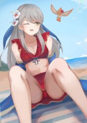 1girls ;d akacolor alternate_costume bangs bare_shoulders beach bikini bikini_skirt bird blue_scarf blue_sky breasts cleavage closed_eyes collarbone female female_only fire_emblem fire_emblem:_radiant_dawn fire_emblem_heroes flower grey_hair hair_flower hair_ornament hair_ribbon half_updo highres long_hair looking_to_the_side medium_breasts micaiah_(fire_emblem) micaiah_(summer)_(fire_emblem) miniskirt navel nintendo ocean official_alternate_costume one_eye_closed open_mouth red_bikini red_swimsuit ribbon scarf sitting skirt sky smile solo solo_female swimsuit towel upskirt water wet yellow_eyes yune_(fire_emblem)