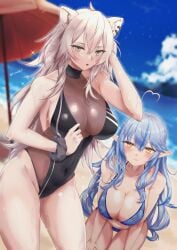 2022 2girls ahoge animal_ears beach bikini blue_bikini blue_hair breasts cleavage female female_only grey_eyes highleg_swimsuit hips hololive hololive_gen_5 hololive_japan huge_breasts leaning_forward light-skinned_female light_skin lion_ears lion_girl long_hair looking_at_viewer one-piece_swimsuit outdoors pointy_ears shishiro_botan slim_waist swimsuit thick_thighs thighs tinnies virtual_youtuber white_hair wide_hips yellow_eyes yukihana_lamy