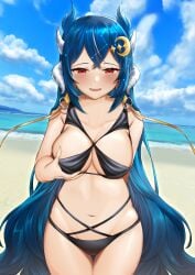 1girls big_breasts bikini black_bikini black_bikini_bottom black_bikini_top black_swimsuit blue_hair breast_grab crymsie female grabbing_own_breast hair_ornament horn horns indie_virtual_youtuber long_hair navel red_eyes solo solo_female swimsuit thick_thighs tummy vienna_(vtuber) virtual_youtuber