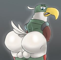 1boy accipitrid accipitriform animal_hallucinations_(the_boys) anthro ass avian backsack balls beak big_balls big_butt bird bottomwear bottomwear_down clothed clothing eagle eagle_soldier_boy furry genitals hi_res looking_at_viewer looking_back male male_only muscular muscular_thighs pants pants_down partially_clothed presenting presenting_hindquarters soldier_boy solo the_boys unknown_artist