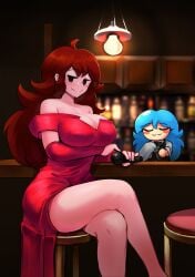 2girls :3 background bar bar_counter bartender best_life big_breasts blush cleavage closed_eyes female female_only friday_night_funkin gipehtyboon girlfriend_(friday_night_funkin) glowing_eye la_creatura legs_crossed long_dress long_hair looking_at_viewer microphone mittens mob_face sitting ski_(friday_night_funkin) sky_(friday_night_funkin) thick_thighs yboon