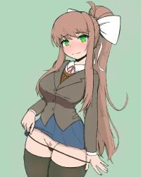 1girls 5_fingers black_panties black_thighhighs blue_skirt blush bow breasts brown_hair clothes clothing doki_doki_literature_club female female_only green_eyes hair hair_bow hair_ribbon hairbow legwear long_hair monika_(doki_doki_literature_club) panties panties_down pubic_hair saltdrawyou school_uniform schoolgirl skirt skirt_lift solo thighhighs white_bow