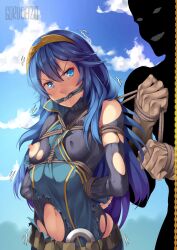 1girls angry arms_behind_back bad_end blue_eyes blue_hair bondage breasts captured covered_nipples drooling elbow_gloves exposed_breasts female female_focus fingerless_gloves fire_emblem fire_emblem_awakening forced gag gloves gorudazo long_hair lucina_(fire_emblem) male maledom midriff nintendo nipples outdoors princess rope rope_bondage royalty saliva saliva_trail slave small_breasts solo_focus story_at_source sweater symbol-shaped_pupils tiara torn_clothes upper_body