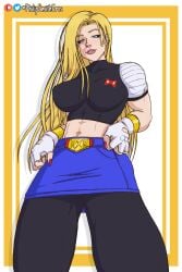 1girls abs absurd_res alternate_costume alternate_hairstyle android_18 belly_button blonde_hair blue_eyes clothed dragon_ball dragon_ball_super dragon_ball_z female_focus from_below gloves hi_res leggings long_hair looking_at_viewer looking_down miniskirt philipsmitheros six_pack smile super_saiyan thighs topwear