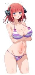 1girls blue_eyes blush clothed eggman_(pixiv28975023) female go-toubun_no_hanayome large_breasts looking_at_viewer nakano_nino purple_and_white red_hair shiny_skin short_hair standing sweat swimsuit thick_thighs thighs underwear wide_hips