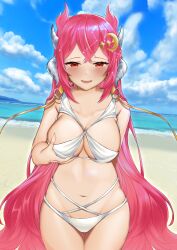 1girls big_breasts bikini breast_grab crymsie female grabbing_own_breast hair_ornament horn horns indie_virtual_youtuber long_hair navel pink_hair red_eyes swimsuit thick_thighs tummy vienna_(vtuber) virtual_youtuber white_bikini white_bikini_bottom white_bikini_top white_swimsuit