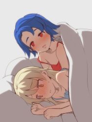 2girls blonde_hair blue_hair blush blush_lines emily_(stardew_valley) female female_only idolmaster idolmaster_cinderella_girls laying_down laying_on_bed lesbian light-skinned_female morikubo_nono red_eyes stardew_valley uccow worried worried_expression yuri