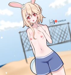 beach blonde_hair breasts hair_ornament lewdlux lewdlux_(vtuber) male_swimwear_challenge open_mouth red_eyes small_breasts volleyball_net