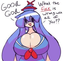 1girls big_breasts blue_hair breasts cleavage gensin huge_breasts humor keine_kamishirasawa mob_face solo solo_female tagme talking_to_viewer touhou