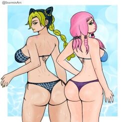 2girls ass back_view big_ass blue_background breasts female female_focus female_only green_eyes green_hair green_lipstick joestar_birthmark jojo's_bizarre_adventure jojolion jolyne_kujo long_hair looking_at_viewer looking_back medium_breasts multiple_girls pink_hair simple_background stone_ocean storminart swimsuit yasuho_hirose